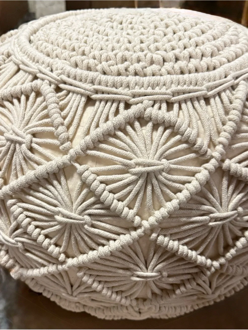 Hand-Knitted Round Pouf in Cream